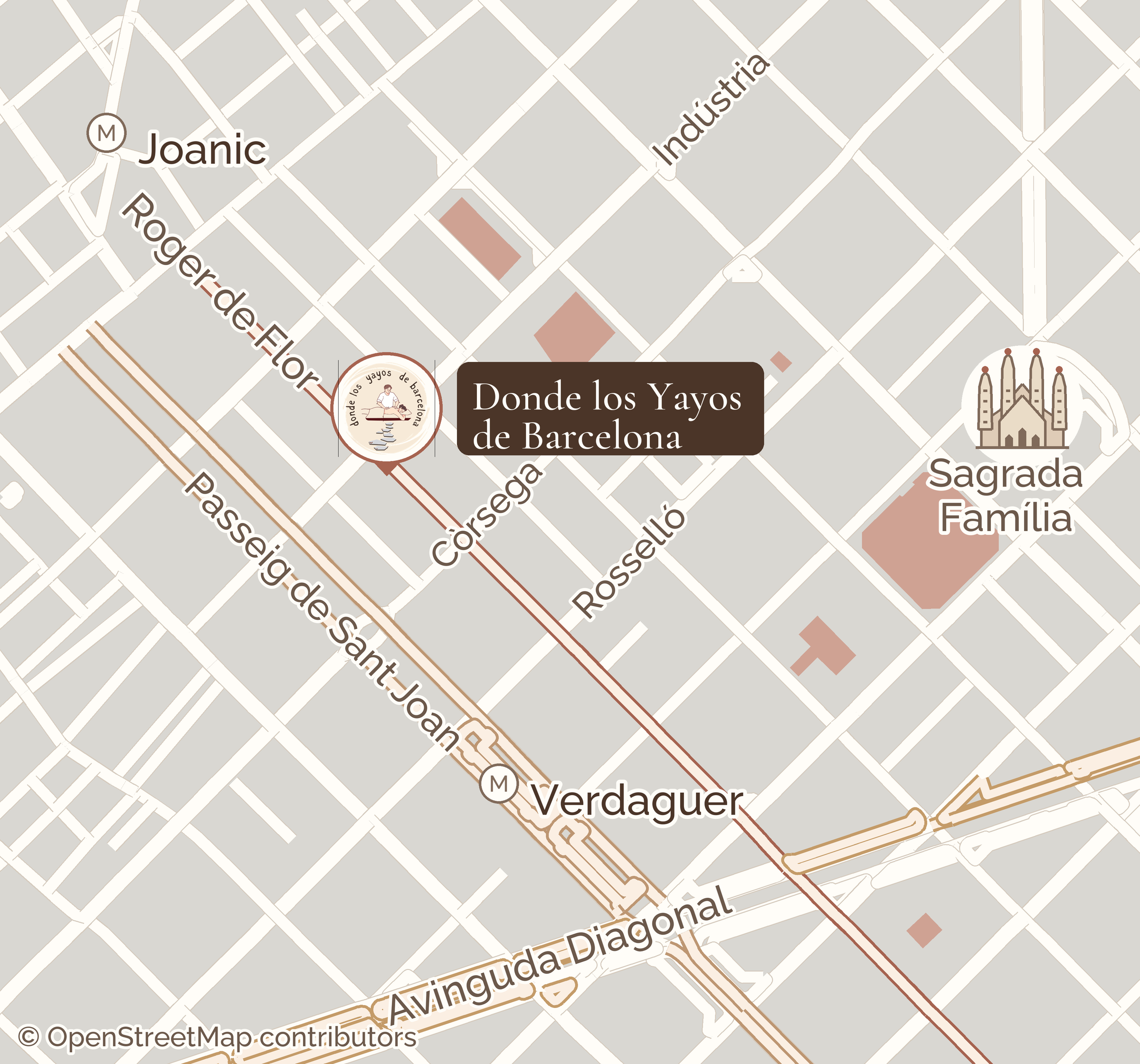 Mapa de Donde los Yayos de Barcelona en Roger de Flor, 259, con Joanic, Verdaguer, Passeig de Sant Joan, Diagonal y Sagrada Família como referencias.