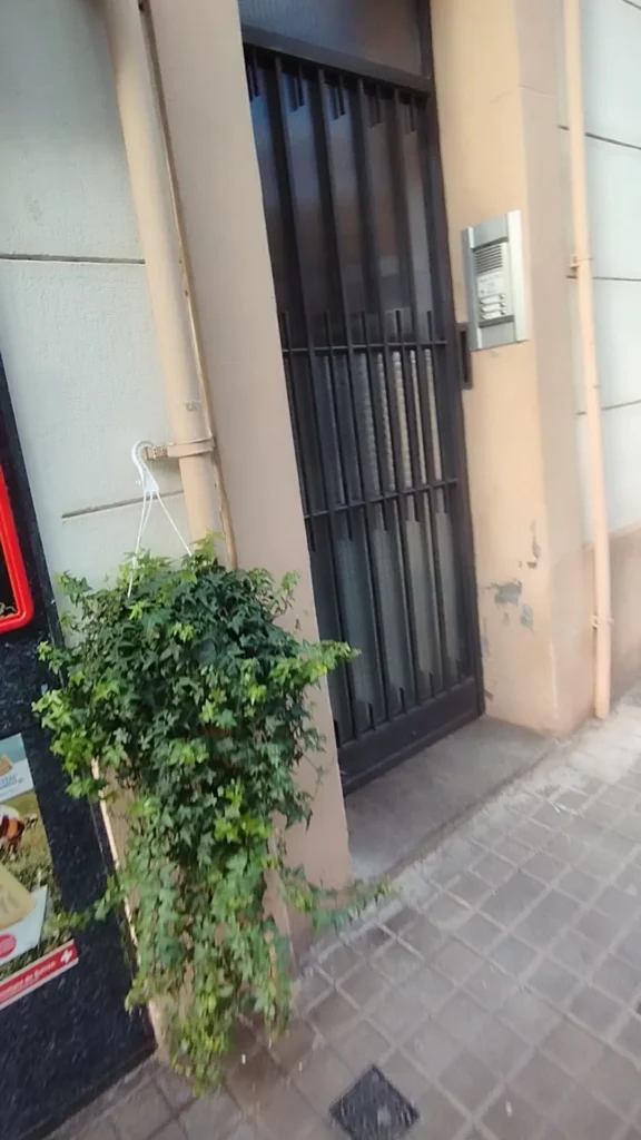 Portal de Roger de Flor, 259, con reja oscura e interfono a la derecha.